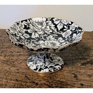 RARE Royal Winton Grimwades PEONY Black Chintz Low Pedestal Comport Dish 5"